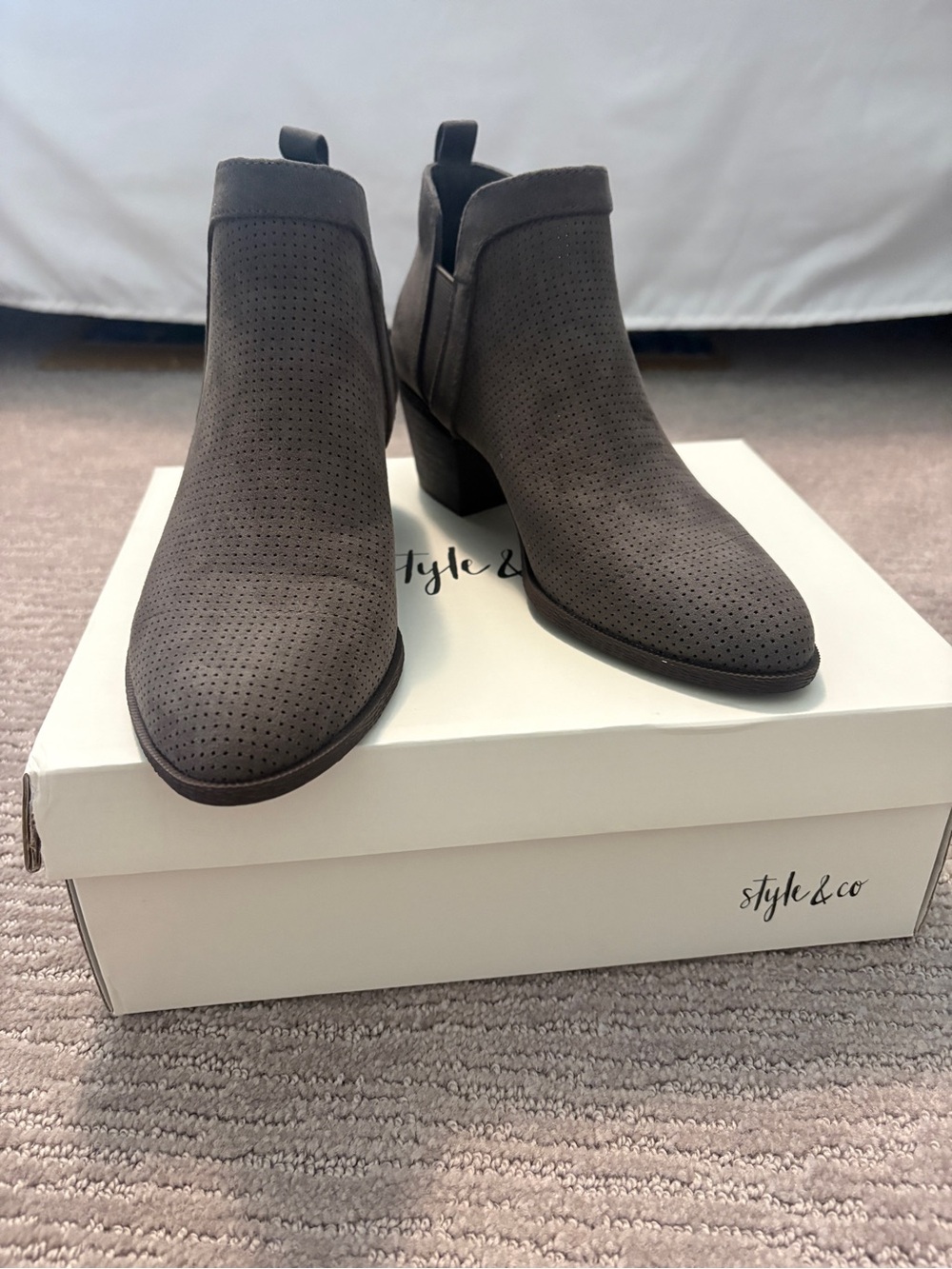 Style & Co. Perforated Gray Suede Ankle Booties